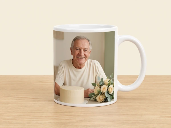 Photo mug printed with an older man behind a white cake and a small bouquet