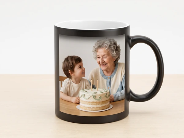 Black magic mug showing a grandmother and grandson with a decorated cake
