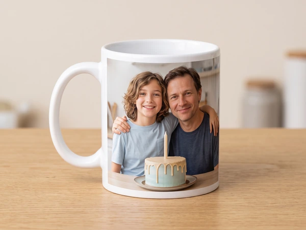 Photo mug printed with a father and son hugging behind a blue drip cake