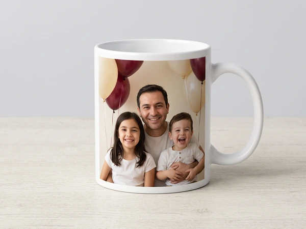Photo mug printed with a father and two children in front of burgundy balloons