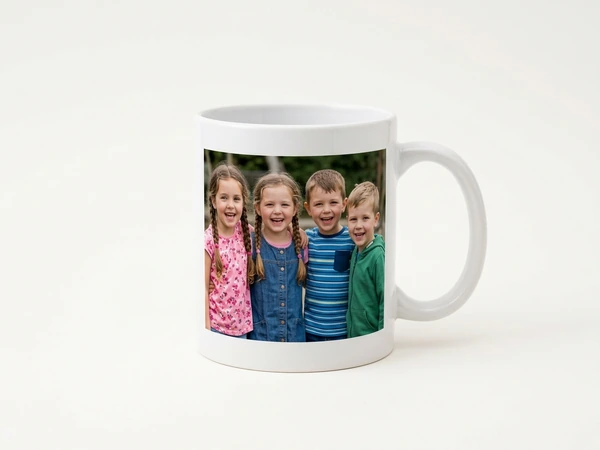 Photo mug printed with four young children standing in a row outdoors