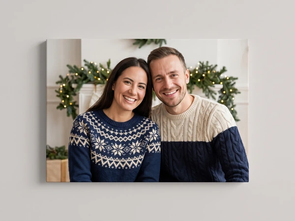 Canvas print of a couple in Nordic sweaters in front of a garland with lights
