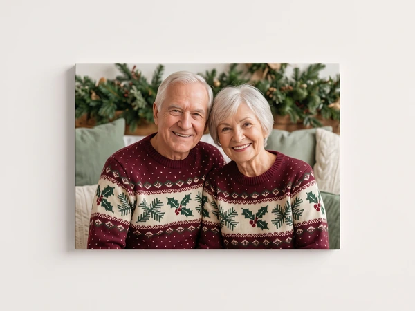 Canvas print of a grandmother and grandfather in matching holiday sweaters