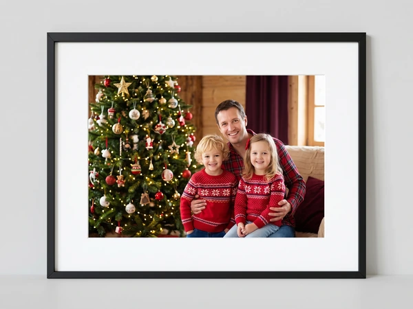 Black framed print of a father and two children in holiday sweaters by a lit tree