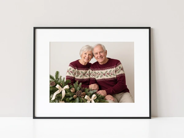 Black framed print of a grandmother and grandfather beside a pine garland, leaning on a shelf