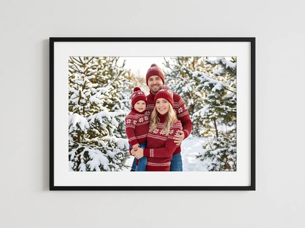 Black framed print of a couple in red sweaters and hats in a snowy forest