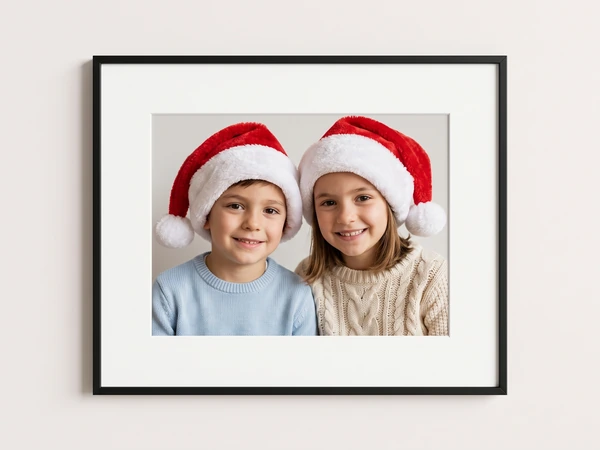 Black framed print of a boy and girl wearing Santa hats