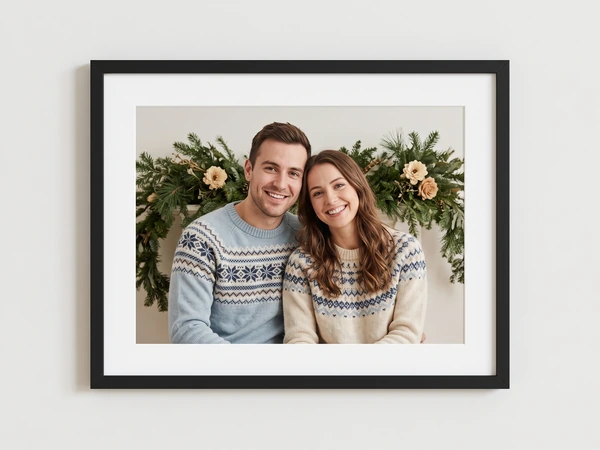 Black framed print of a smiling couple in knit sweaters in front of a garland