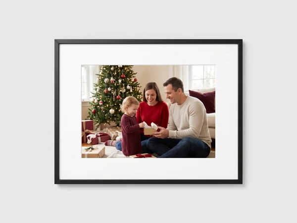 Black framed print of a family opening gifts in a living room with a tree