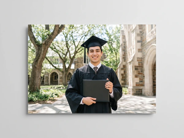 Acrylic print of a graduate holding a diploma folder in a tree-lined courtyard