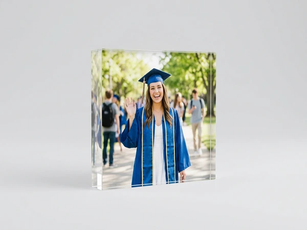 Acrylic photo of a graduate in a blue gown and stole waving on a campus walkway