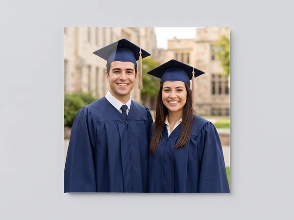 Acrylic print of two graduates in navy gowns in front of a stone campus building