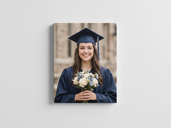 Portrait canvas print of a graduate in a navy gown holding a bouquet of white flowers