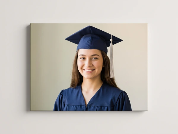 Canvas print of a smiling graduate in a navy cap with a white tassel