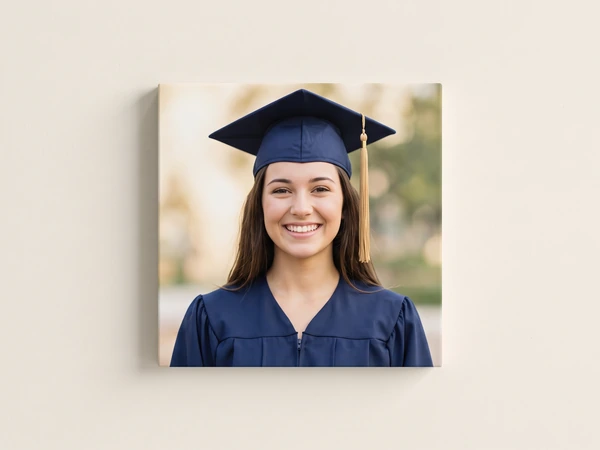 Canvas print of a young woman in a navy cap and gown against a soft background