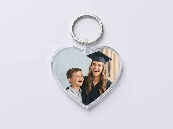 Heart keychain with a photo of a graduate in a black cap laughing with a young boy