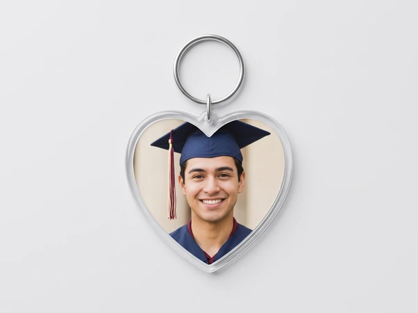 Heart keychain with a photo of a smiling male graduate in a navy cap