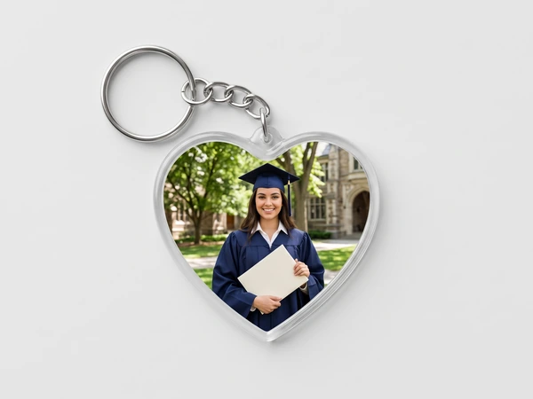Heart keychain on a chain with a photo of a graduate holding a diploma folder on campus