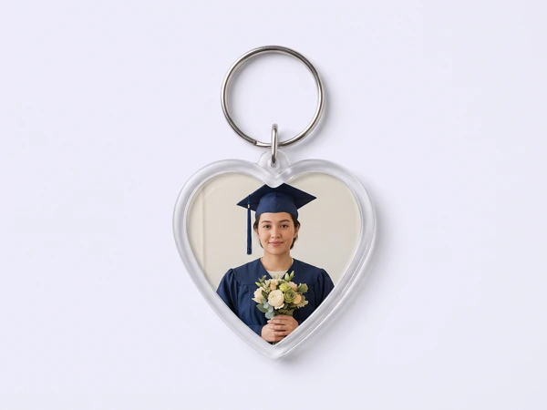 Heart keychain with a photo of a graduate in a navy gown holding a bouquet