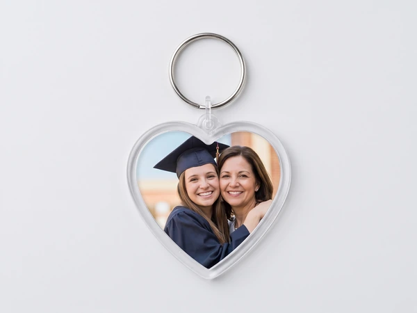 Heart keychain with a photo of a graduate hugging her mother