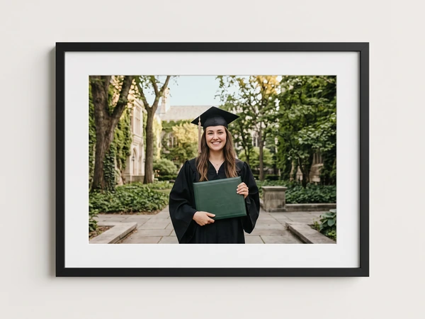 Black framed print of a graduate holding a green diploma cover in a leafy courtyard