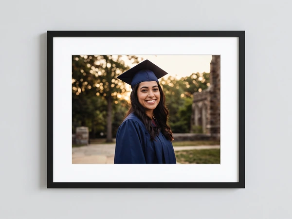 Black framed print of a graduate in a navy cap at golden hour on campus