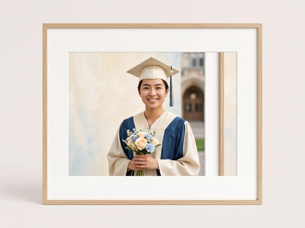 Light oak framed print of a graduate in a cream cap holding a bouquet