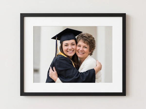 Black framed print of a graduate hugging an older woman