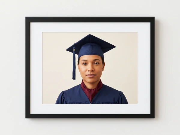 Black framed portrait of a graduate in a navy cap and maroon stole