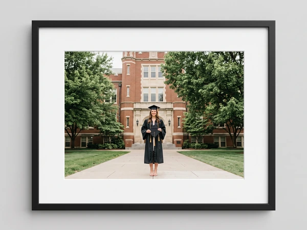 Black framed print of a graduate standing on a path before a brick college building