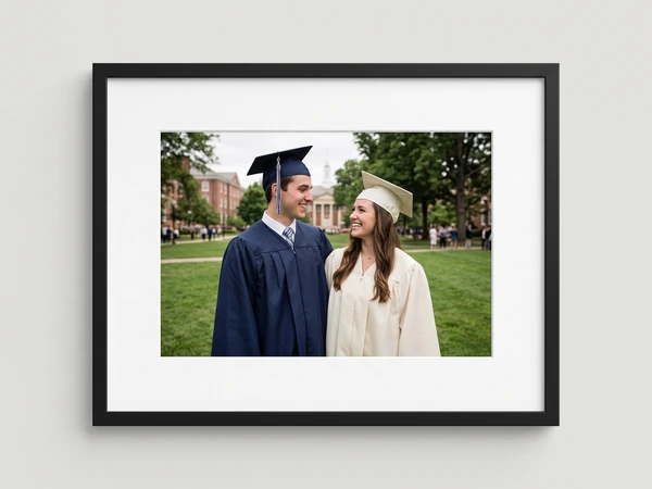Black framed print of two graduates in navy and cream gowns on a campus lawn