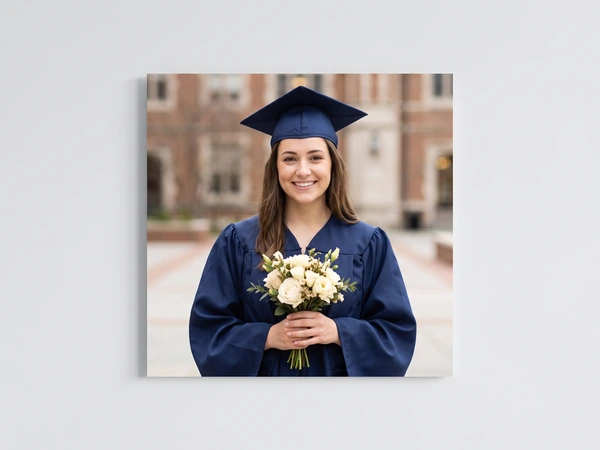 Metal print of a graduate in a navy gown holding white roses on a campus plaza