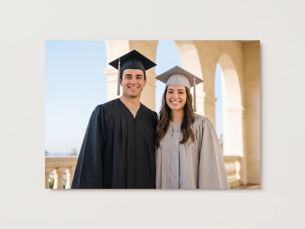 Metal print of two graduates in black and gray gowns under a sandstone arcade