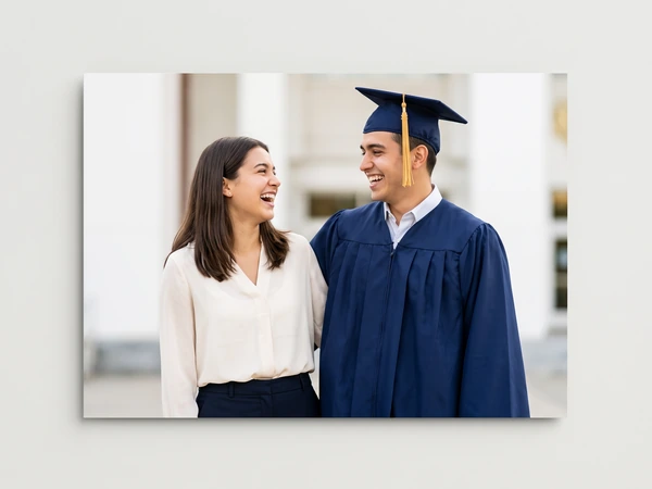 Metal print of a graduate in navy laughing with a young woman outside a white building