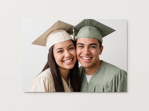 Metal print of two graduates in cream and sage caps smiling cheek to cheek