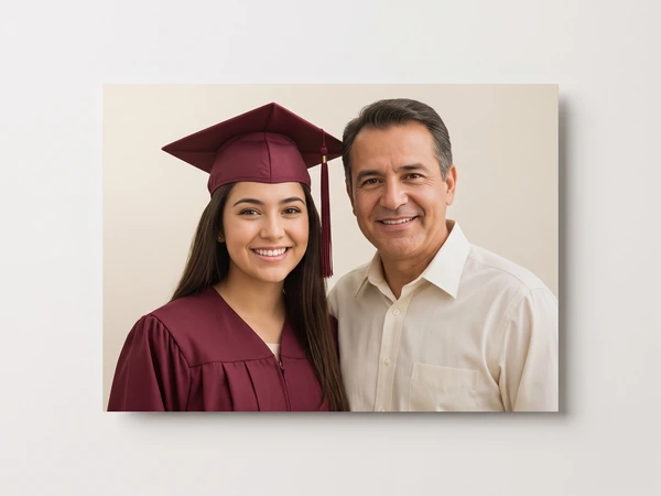 Metal print of a graduate in a maroon cap and gown with her father