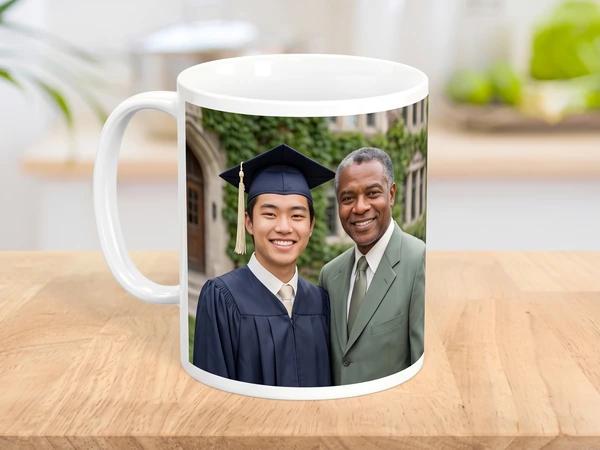 Photo mug printed with a graduate and an older man in a green suit outside an ivy wall