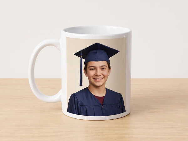 Photo mug printed with a teenage graduate in a navy cap and gown