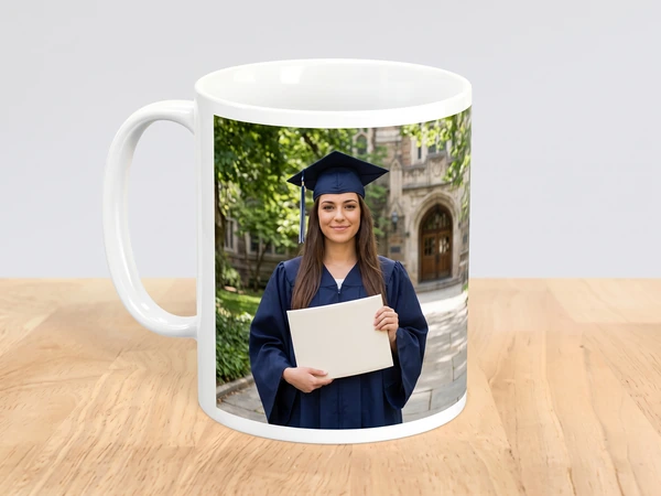 Photo mug printed with a graduate holding a diploma in a campus courtyard