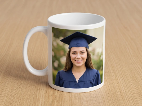Photo mug printed with a smiling graduate in a navy cap among greenery