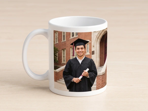 Photo mug printed with a graduate holding a rolled diploma by a brick building