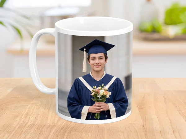 Photo mug printed with a graduate in a navy gown holding flowers