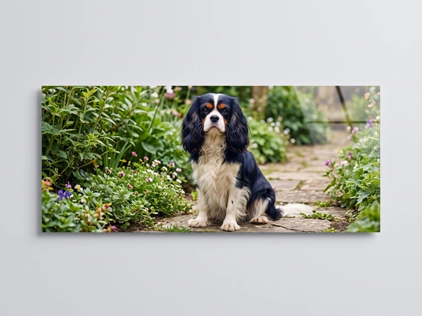Panoramic acrylic print of a Cavalier King Charles spaniel sitting on a garden path
