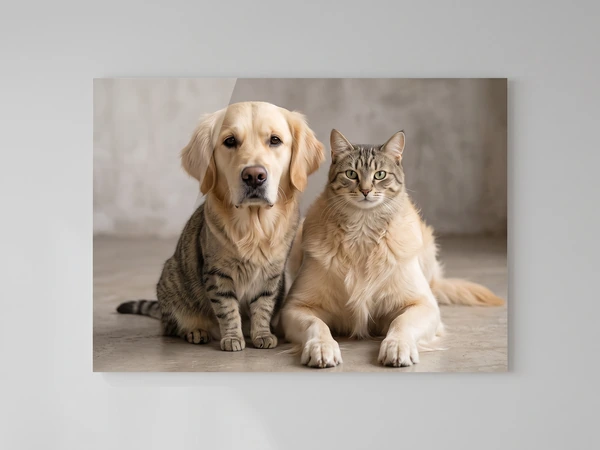 Acrylic print of a golden retriever lying next to a tabby cat