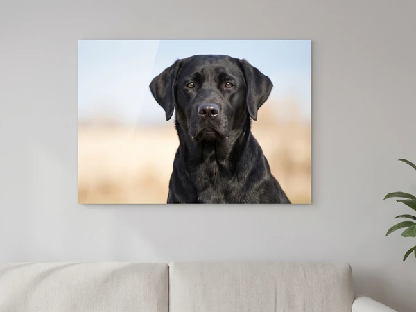 Acrylic print of a black Labrador in a field, hung above a sofa