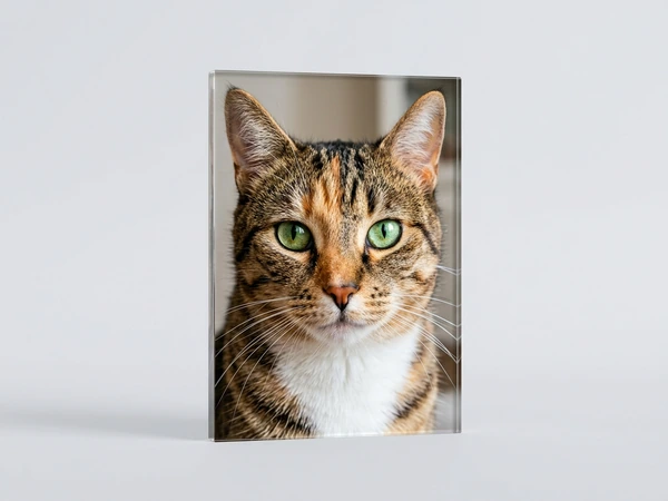 Acrylic photo of a tabby and white cat with bright green eyes