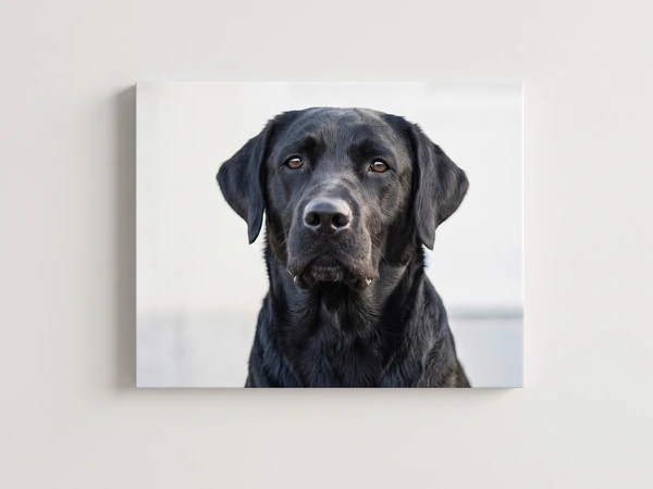 Canvas print of a black Labrador looking straight ahead on a white background