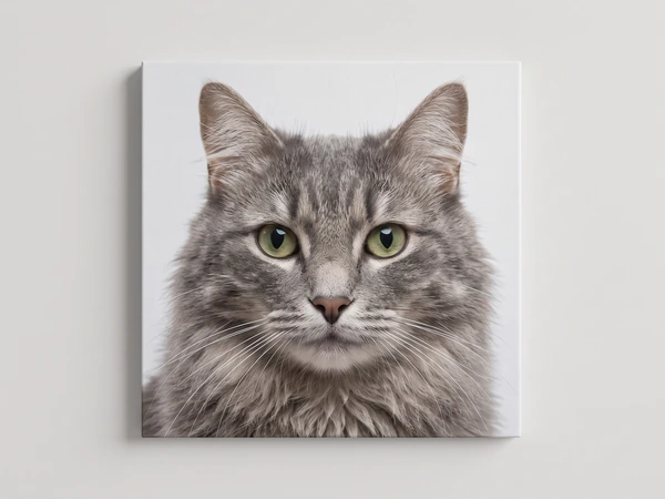 Square canvas print of a long-haired gray cat with green eyes
