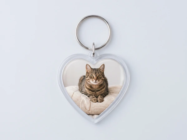 Heart keychain with a photo of a tabby cat lying on a knit cushion