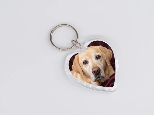 Heart keychain with a photo of a yellow Labrador resting on a burgundy blanket
